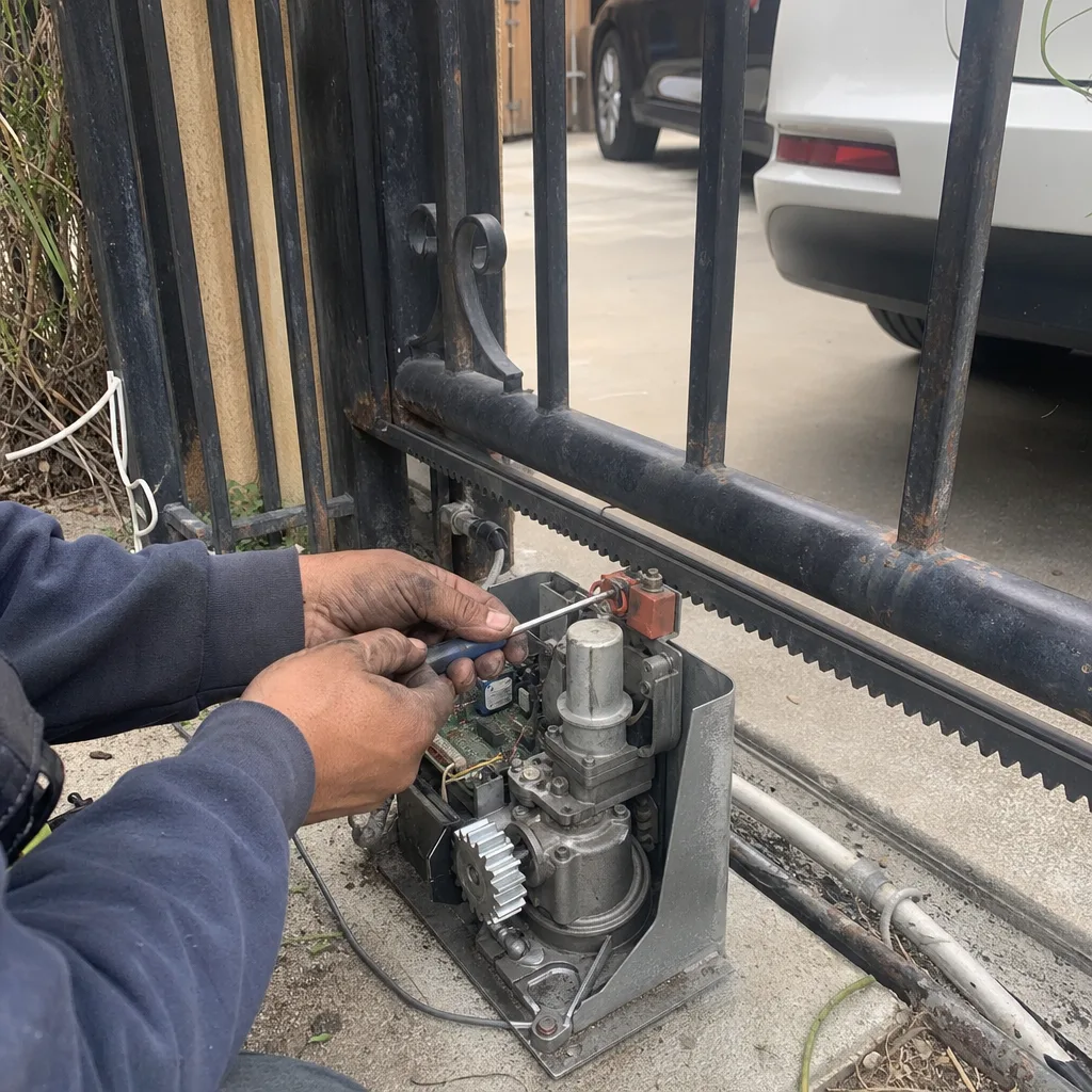 Technician performing professional electric sliding gate motor repair and maintenance
