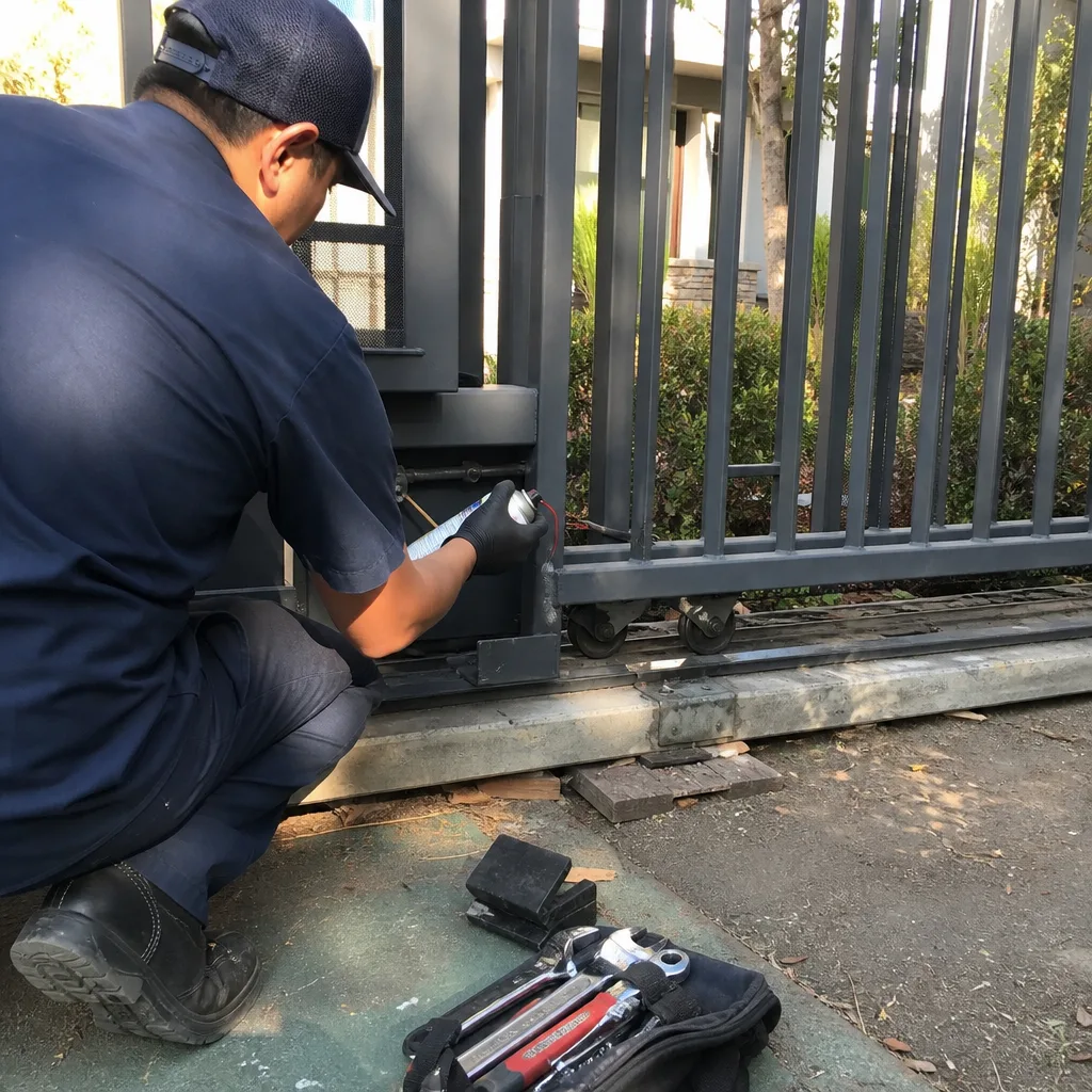 Technician performing professional gate motor repair and maintenance