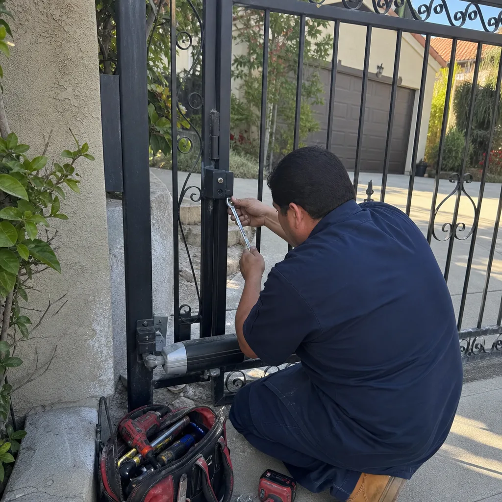Technician performing professional automated gate motor repair and maintenance