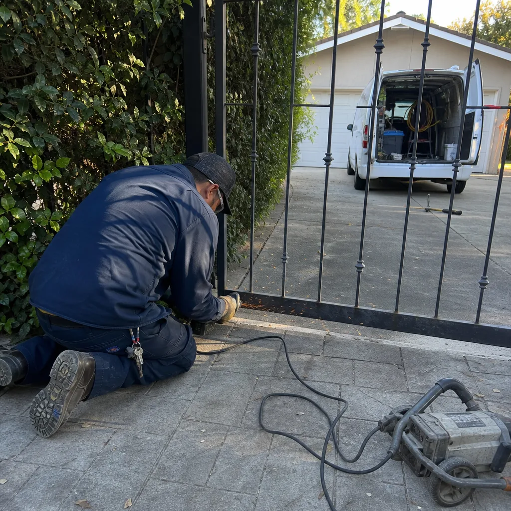Technician performing metal gate repair with power tools on a residential driveway