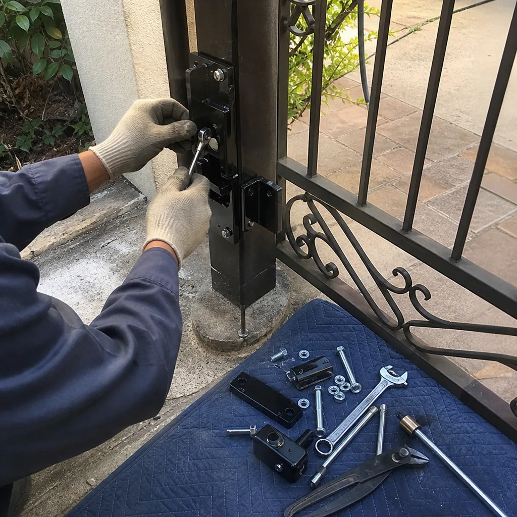 Technician performing professional gate repair and hardware installation
