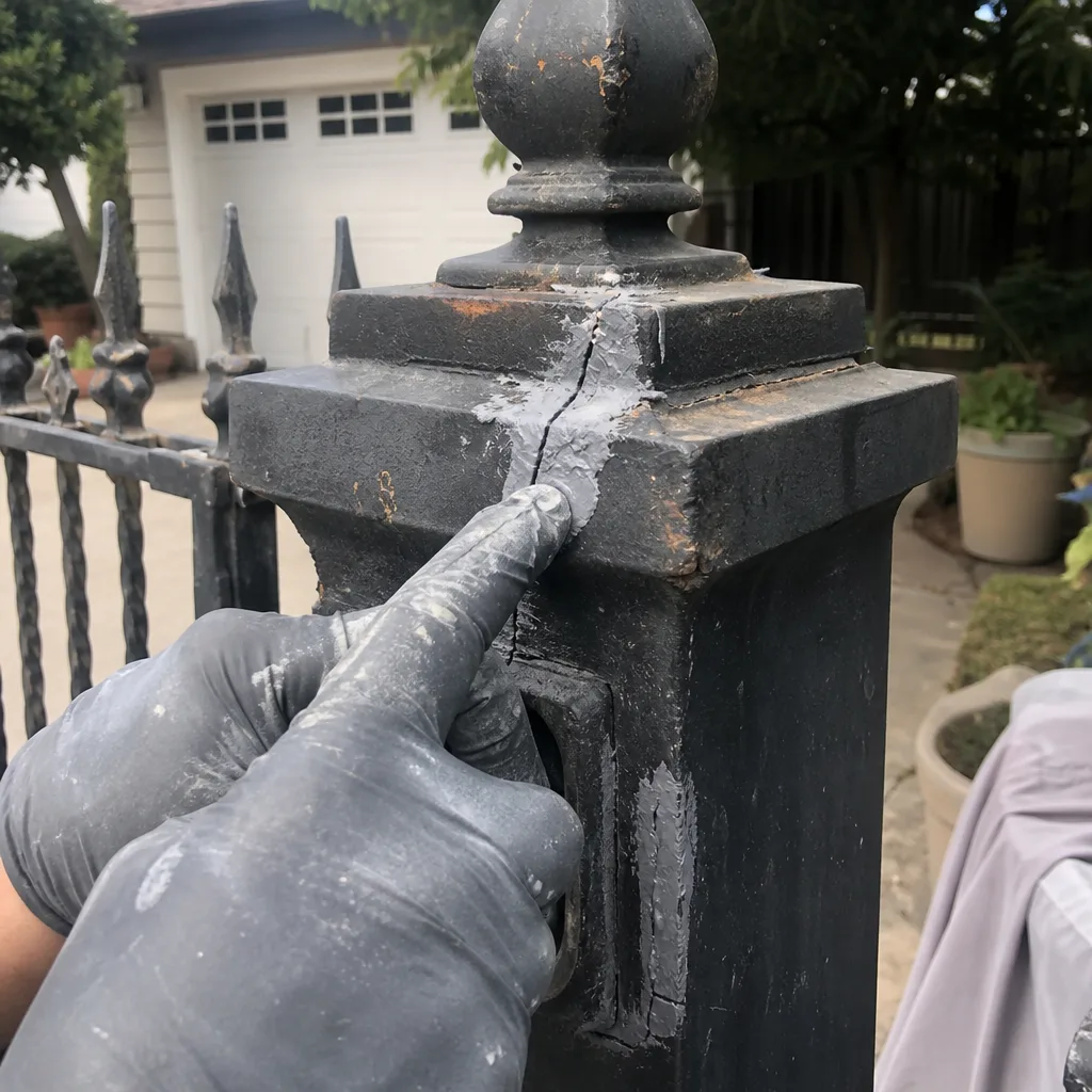 professional technician applying repair compound to a metal gate post